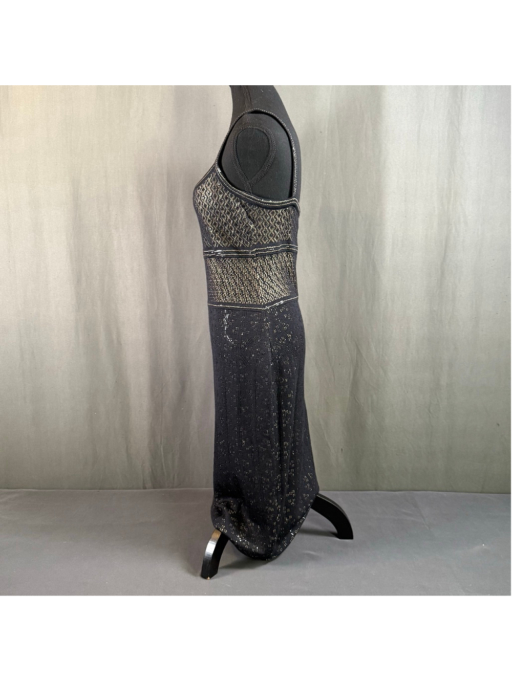 St John Evening Dress 4 Quiet Luxury Metallic Knit Old Money Glam Black Gold - Picture 3 of 16